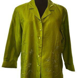 Vintage Silkland Ladies Green Blouse Floral Beads Size large. 100% silk. Lined.